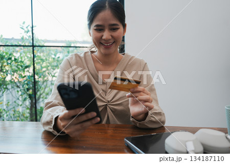 Overjoyed businesswoman happy for successful work. Overjoyed businesswoman happy for successful work. 134187110