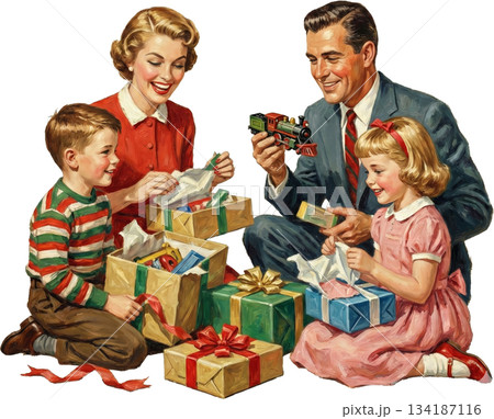 アメリカンヴィンテージ風のクリスマス・ファミリーとツリーのイラスト 134187116