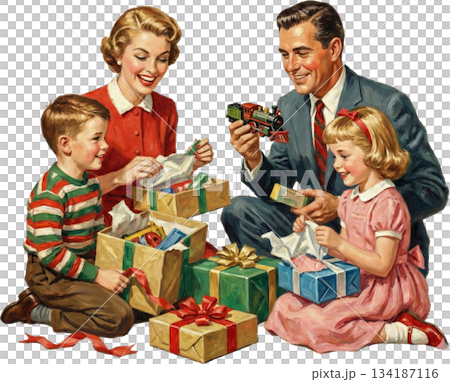 アメリカンヴィンテージ風のクリスマス・ファミリーとツリーのイラスト 134187116