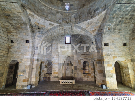 Interior of Shirvanshah's Palace Mausoleum, ancient stone architecture and dome, Baku, Azerbaijan. 134187712