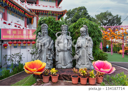 Three Star Gods statues and traditional lanterns at Thean Hou Temple, Kuala Lumpur, Malaysia. Three Star Gods statues and traditional lanterns at Thean Hou Temple, Kuala Lumpur, Malaysia. 134187714