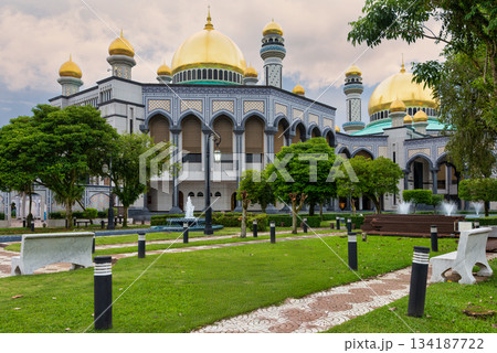 Grand Interior of Jame Asr Hassanil Bolkiah Mosque featuring Golden Dome and Ornate Details, Bandar Seri Begawan, Brunei 134187722