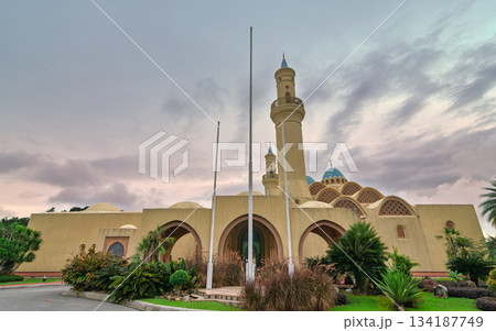 Ash Shaliheen Mosque, a modern architectural landmark with minaret and blue domes, Bandar Seri Begawan, Brunei Darussalam. Ash Shaliheen Mosque, a modern architectural landmark with minaret and blue domes, Bandar Seri Begawan, Brunei Darussalam. 134187749