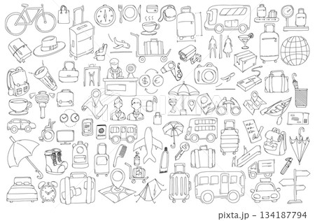Travel Related Doodle vector set. Drawing sketch illustration hand drawn line eps10 134187794