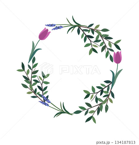 花と木枝のリース型フレーム 花と木枝のリース型フレーム 134187813