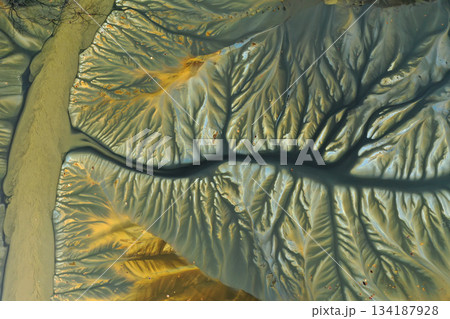 Aerial view of colorful natural water patterns. Mining water pollution Aerial view of colorful natural water patterns. Mining water pollution 134187928