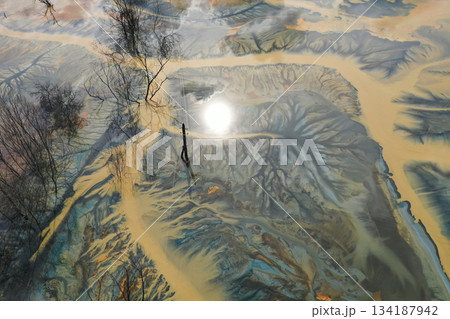 Aerial view of abstract poisonous colorful water background. Natural pattern 134187942