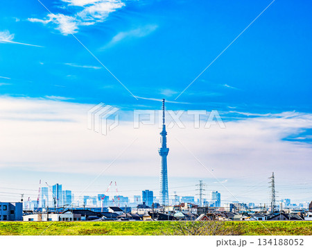 青空が広がる住宅街とスカイツリー 134188052