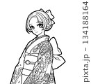着物を着た女の子のアニメ風の塗り絵イラスト 134188164