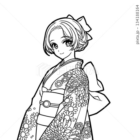 着物を着た女の子のアニメ風の塗り絵イラスト 134188164