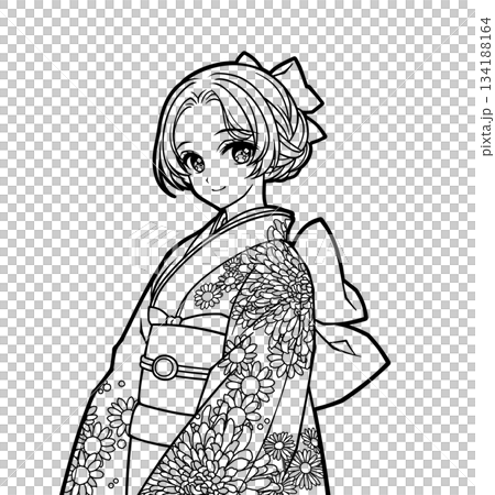 着物を着た女の子のアニメ風の塗り絵イラスト 134188164