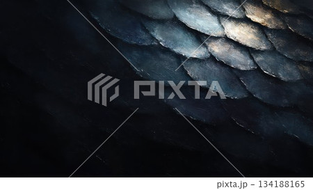 深いブルーが輝くドラゴン風鱗テクスチャ 幻想的背景素材 134188165