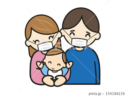マスク姿で笑顔で赤ちゃんを抱くお父さんとお母さん 134188216