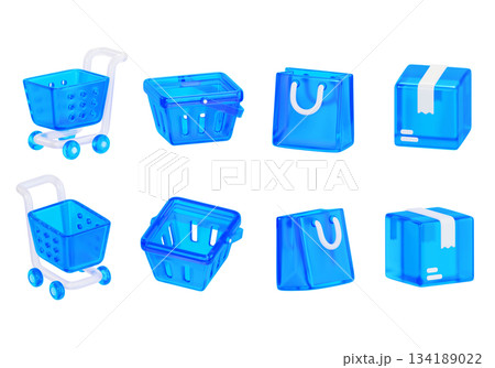 blue glass material shopping elements 3D Icon Set 134189022