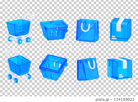 blue glass material shopping elements 3D Icon Set 134189022