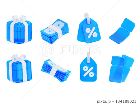 blue glass material shopping and discount 3D Icon Set 134189023