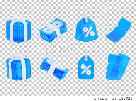 blue glass material shopping and discount 3D Icon Set 134189023
