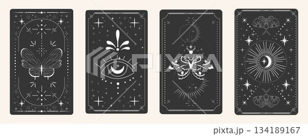 Tarot card frame spiritual esoteric reverse border magic sacred cover card. Mystic elements moon, sun, magic moth, snake fantasy sign. 134189167