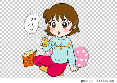 A girl relaxing and eating sweets and drinking a drink like cola A girl relaxing and eating sweets and drinking a drink like cola 134189180