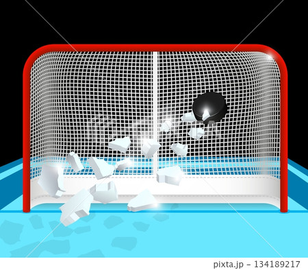 Hockey puck flies at high speed into top corner of a hockey goal after a powerful throw. Sports vector concept Hockey puck flies at high speed into top corner of a hockey goal after a powerful throw. Sports vector concept 134189217