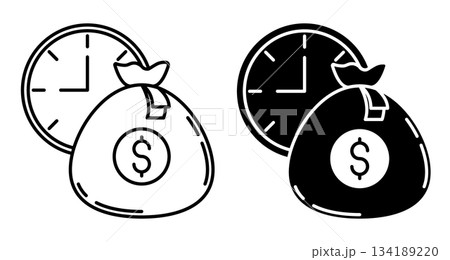 Linear icon. Bank money bag against background of moving clock hands. Simple vector isolated on white background 134189220