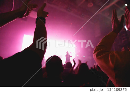 Crowd raising hands at music event Crowd raising hands at music event 134189276