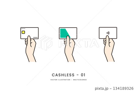 クレジットカードや交通系ICカードを持つ手のイメージイラストセット クレジットカードや交通系ICカードを持つ手のイメージイラストセット 134189326