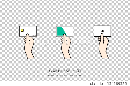 クレジットカードや交通系ICカードを持つ手のイメージイラストセット クレジットカードや交通系ICカードを持つ手のイメージイラストセット 134189326