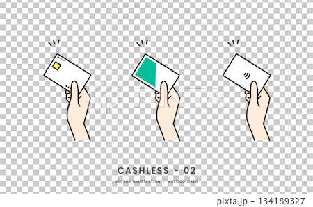 クレジットカードや交通系ICカードを持つ手のイメージイラストセット クレジットカードや交通系ICカードを持つ手のイメージイラストセット 134189327