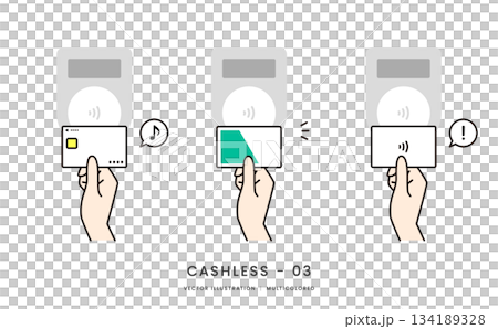 クレジットカードや交通系ICでタッチ決済をするイメージイラストセット 134189328