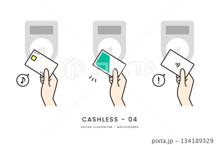 クレジットカードや交通系ICでタッチ決済をするイメージイラストセット クレジットカードや交通系ICでタッチ決済をするイメージイラストセット 134189329