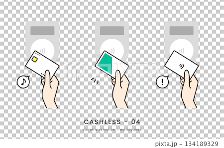 クレジットカードや交通系ICでタッチ決済をするイメージイラストセット クレジットカードや交通系ICでタッチ決済をするイメージイラストセット 134189329