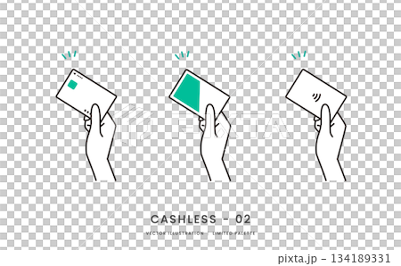 Image illustration set of hands holding credit cards and transportation IC cards 134189331