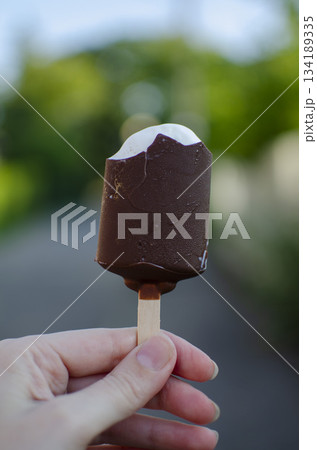 Chocolate Ice cream on a stick in hand	 134189335