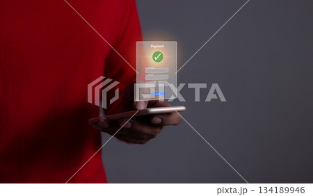 Young Man Hand Using Smartphone For Mobile Payment, Online payment, Digital, and Online shopping, Bank account phone, Mobile banking 134189946