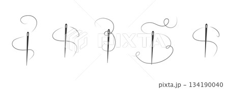 Elegant needle with thread. Needle symbol and curved thread, tailor and shoemaker needlework tool, sewing element. Small tattoo, print for clothes 134190040