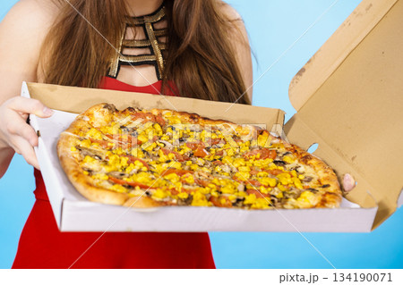 Big fresh pizza in box, junk food 134190071