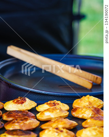Pieces of cheese on grill 134190072