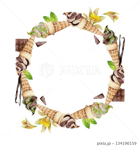 Mint and chocolate soft serve in waffle cone with chips, leaves, vanilla flowers and seed pods. Isolated wreath frame illustration hand drawn in watercolor. Ice cream flavor board, kids treat label Mint and chocolate soft serve in waffle cone with chips, leaves, vanilla flowers and seed pods. Isolated wreath frame illustration hand drawn in watercolor. Ice cream flavor board, kids treat label 134190159