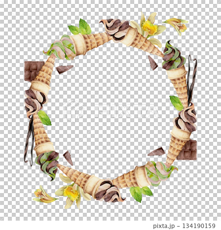 Mint and chocolate soft serve in waffle cone with chips, leaves, vanilla flowers and seed pods. Isolated wreath frame illustration hand drawn in watercolor. Ice cream flavor board, kids treat label Mint and chocolate soft serve in waffle cone with chips, leaves, vanilla flowers and seed pods. Isolated wreath frame illustration hand drawn in watercolor. Ice cream flavor board, kids treat label 134190159