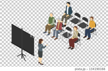 Isometric illustration: A woman explaining to people using a projector 1 134190166