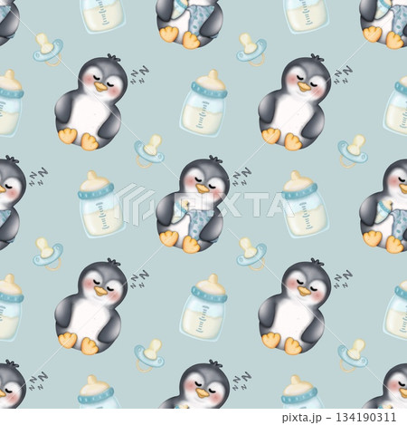 Seamless pattern Cute penguins collection in winter Hand drawn watercolor illustration. For labels, paper, textiles on light blue background. 134190311