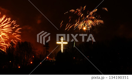 Colorful fireworks at holiday night 134190351