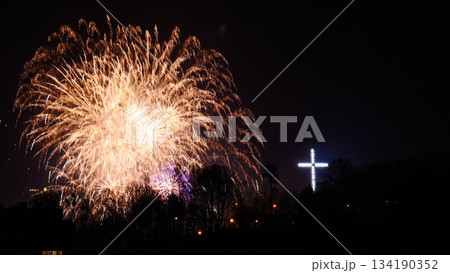 Colorful fireworks at holiday night 134190352