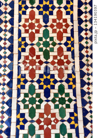 Moroccan Islamic mosaic tiles in Fes, Morocco 134190397