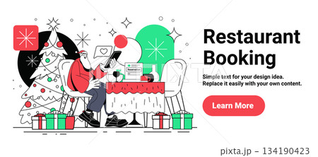Santa restaurant booking Christmas dinner celebration modern festive table gifts decorated tree wine digital reservation mobile app template 134190423