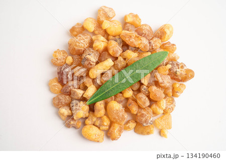 Frankincense or olibanum aromatic resin isolated on white background used in incense and perfumes. 134190460