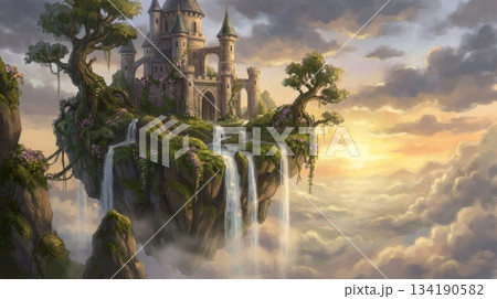 Castle on Floating Island with Waterfall and Clouds 134190582