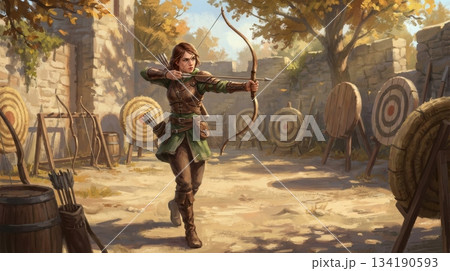 Female Archer Practicing Archery in Training Ground Female Archer Practicing Archery in Training Ground 134190593