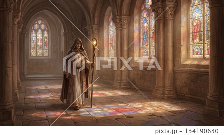 Cleric Walking with Staff in Old Stone Church Cleric Walking with Staff in Old Stone Church 134190630
